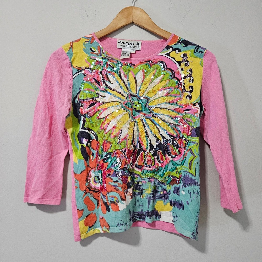 Joseph A. Womens Pink Floral Sequin‎ Knit Sweater 3/4 Sleeve Crew Neck Small